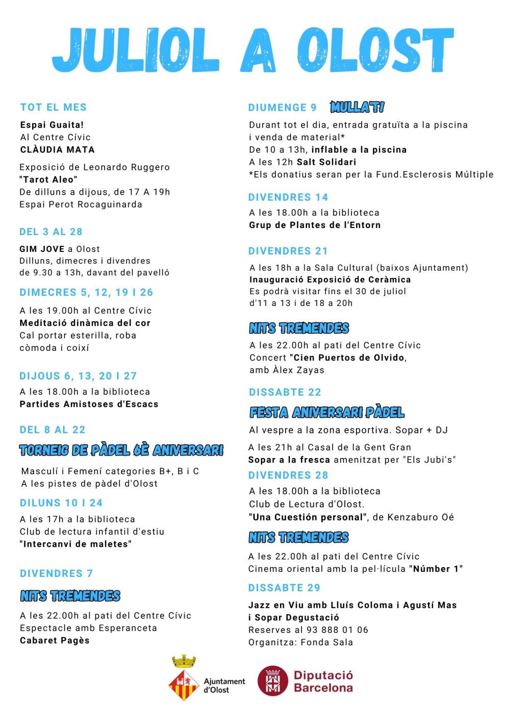 Agenda d'activitats del mes de juliol a Olost